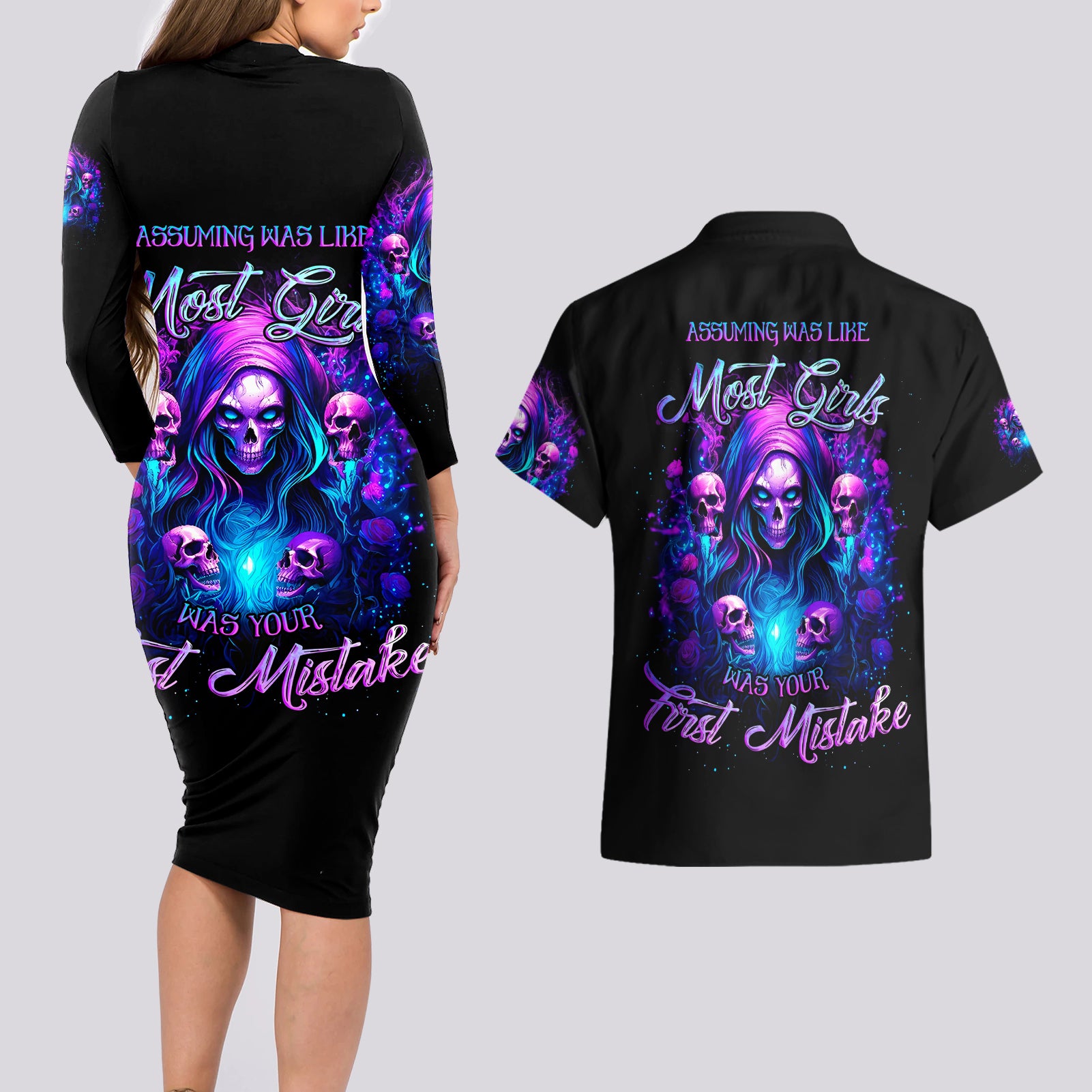 Witch Skull Couples Matching Long Sleeve Bodycon Dress and Hawaiian Shirt Assuming Was Like Most Girls Was Your First Mistake - Wonder Print Shop