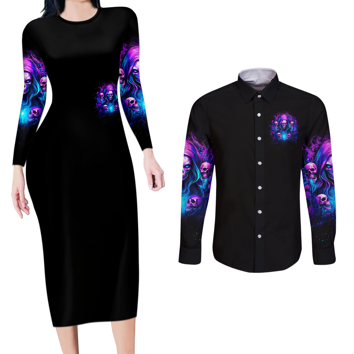 Witch Skull Couples Matching Long Sleeve Bodycon Dress and Long Sleeve Button Shirt Assuming Was Like Most Girls Was Your First Mistake - Wonder Print Shop