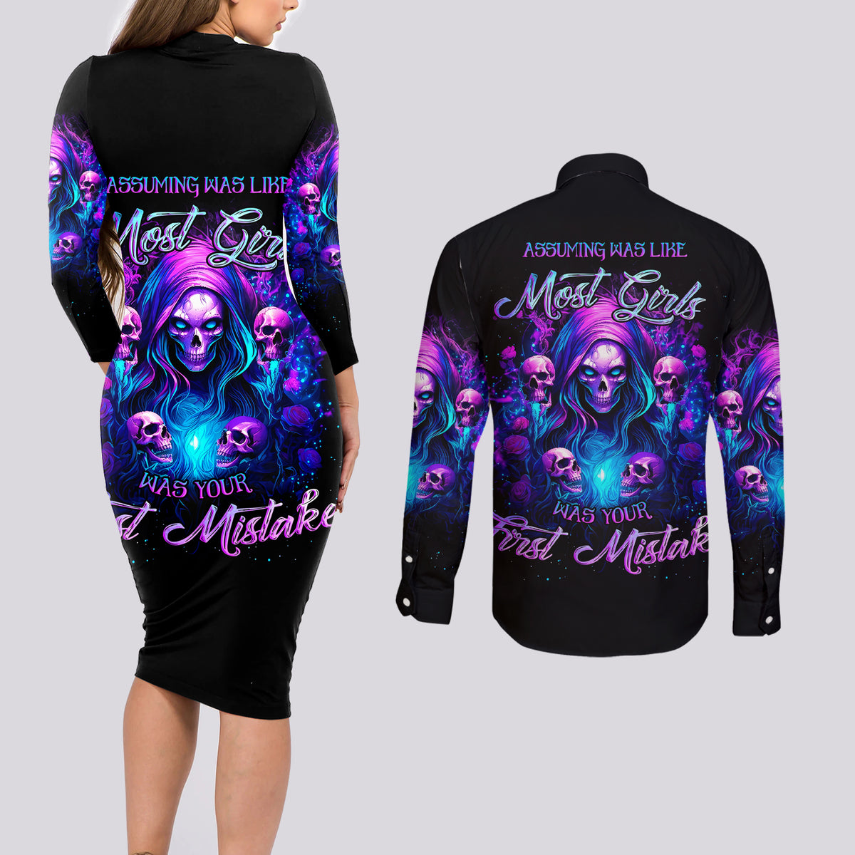 Witch Skull Couples Matching Long Sleeve Bodycon Dress and Long Sleeve Button Shirt Assuming Was Like Most Girls Was Your First Mistake - Wonder Print Shop