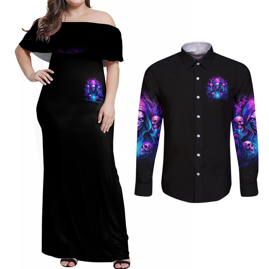 Witch Skull Couples Matching Off Shoulder Maxi Dress and Long Sleeve Button Shirt Assuming Was Like Most Girls Was Your First Mistake - Wonder Print Shop