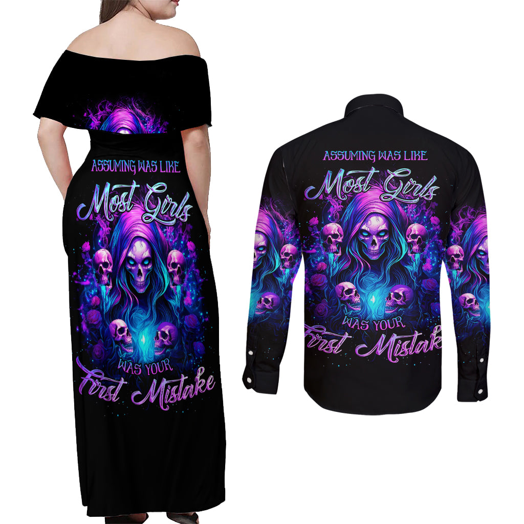 Witch Skull Couples Matching Off Shoulder Maxi Dress and Long Sleeve Button Shirt Assuming Was Like Most Girls Was Your First Mistake - Wonder Print Shop