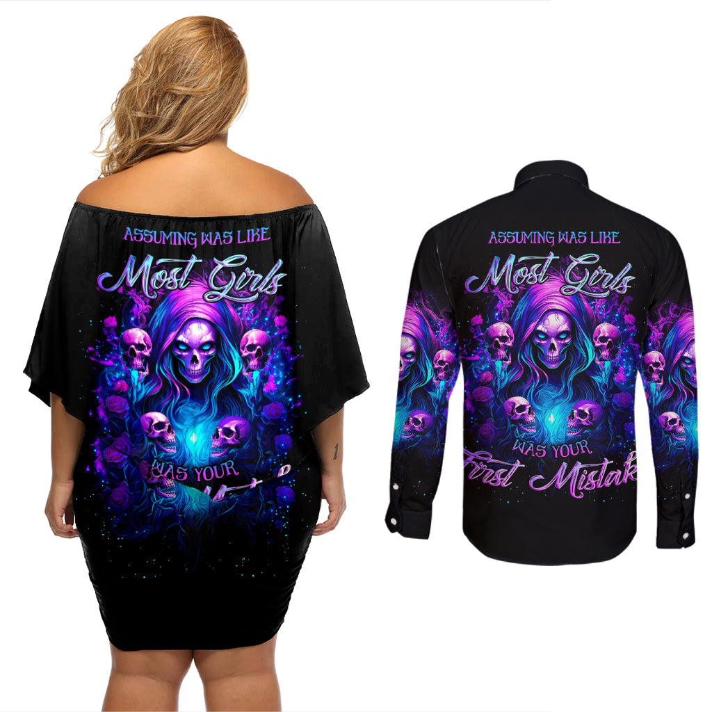 Witch Skull Couples Matching Off Shoulder Short Dress and Long Sleeve Button Shirt Assuming Was Like Most Girls Was Your First Mistake - Wonder Print Shop