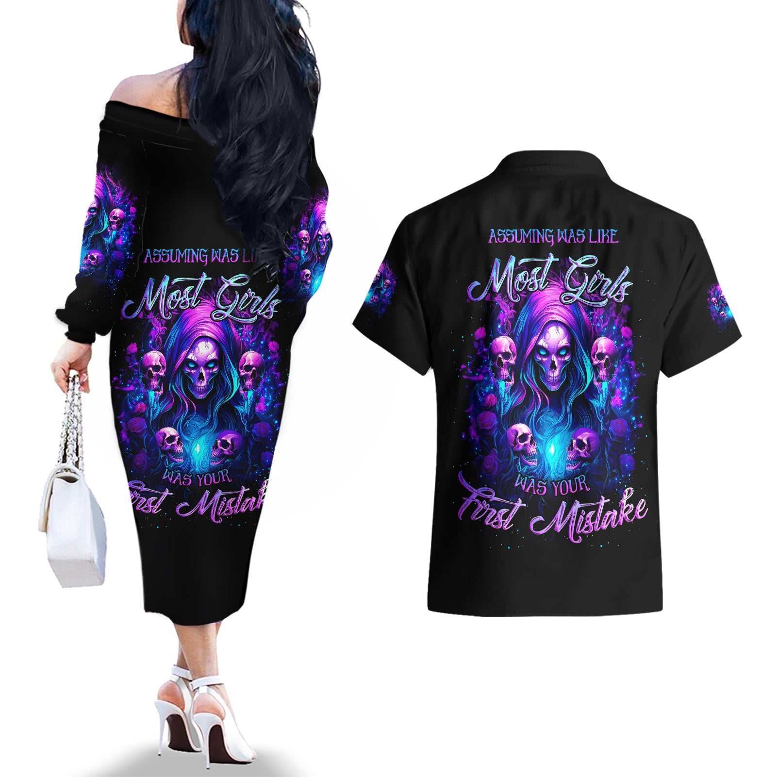Witch Skull Couples Matching Off The Shoulder Long Sleeve Dress and Hawaiian Shirt Assuming Was Like Most Girls Was Your First Mistake - Wonder Print Shop