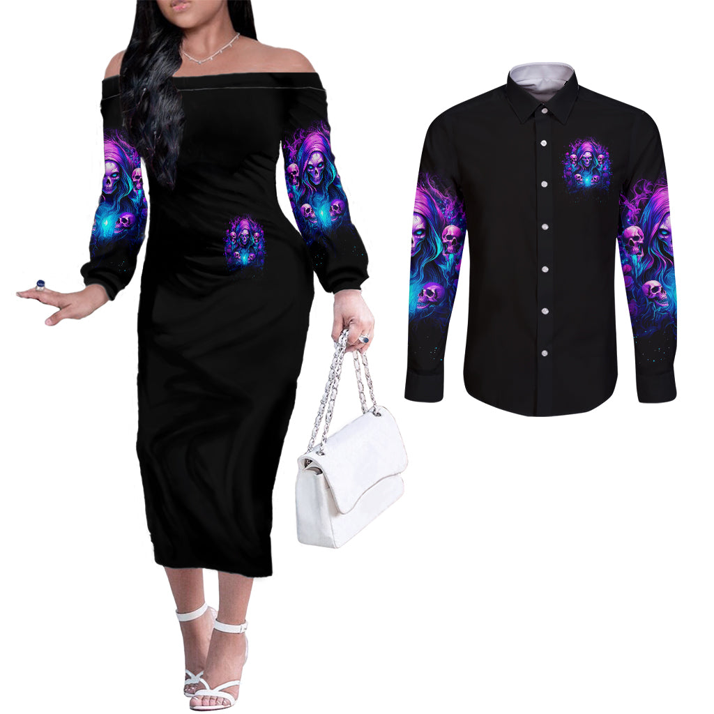 Witch Skull Couples Matching Off The Shoulder Long Sleeve Dress and Long Sleeve Button Shirt Assuming Was Like Most Girls Was Your First Mistake
