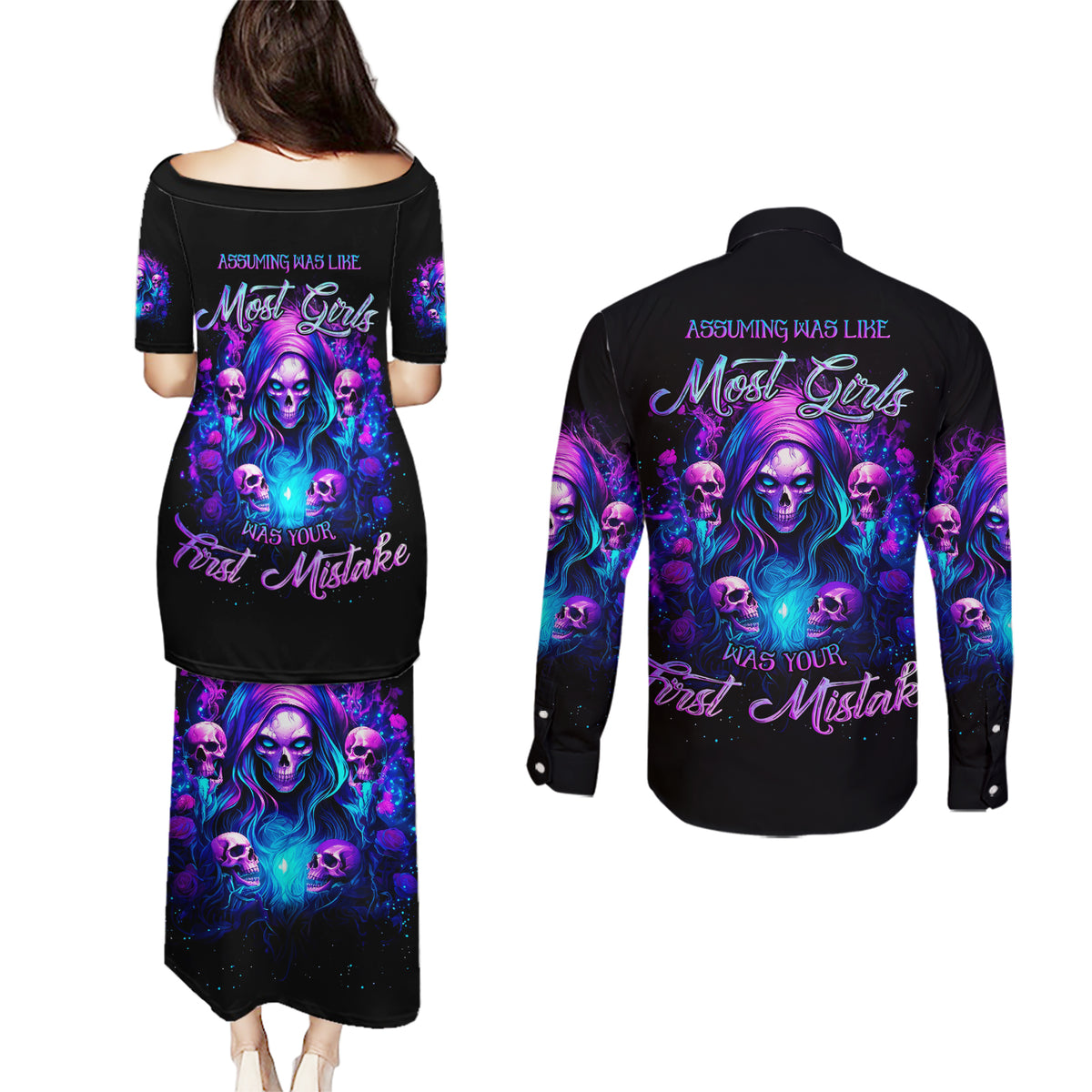 Witch Skull Couples Matching Puletasi and Long Sleeve Button Shirt Assuming Was Like Most Girls Was Your First Mistake - Wonder Print Shop