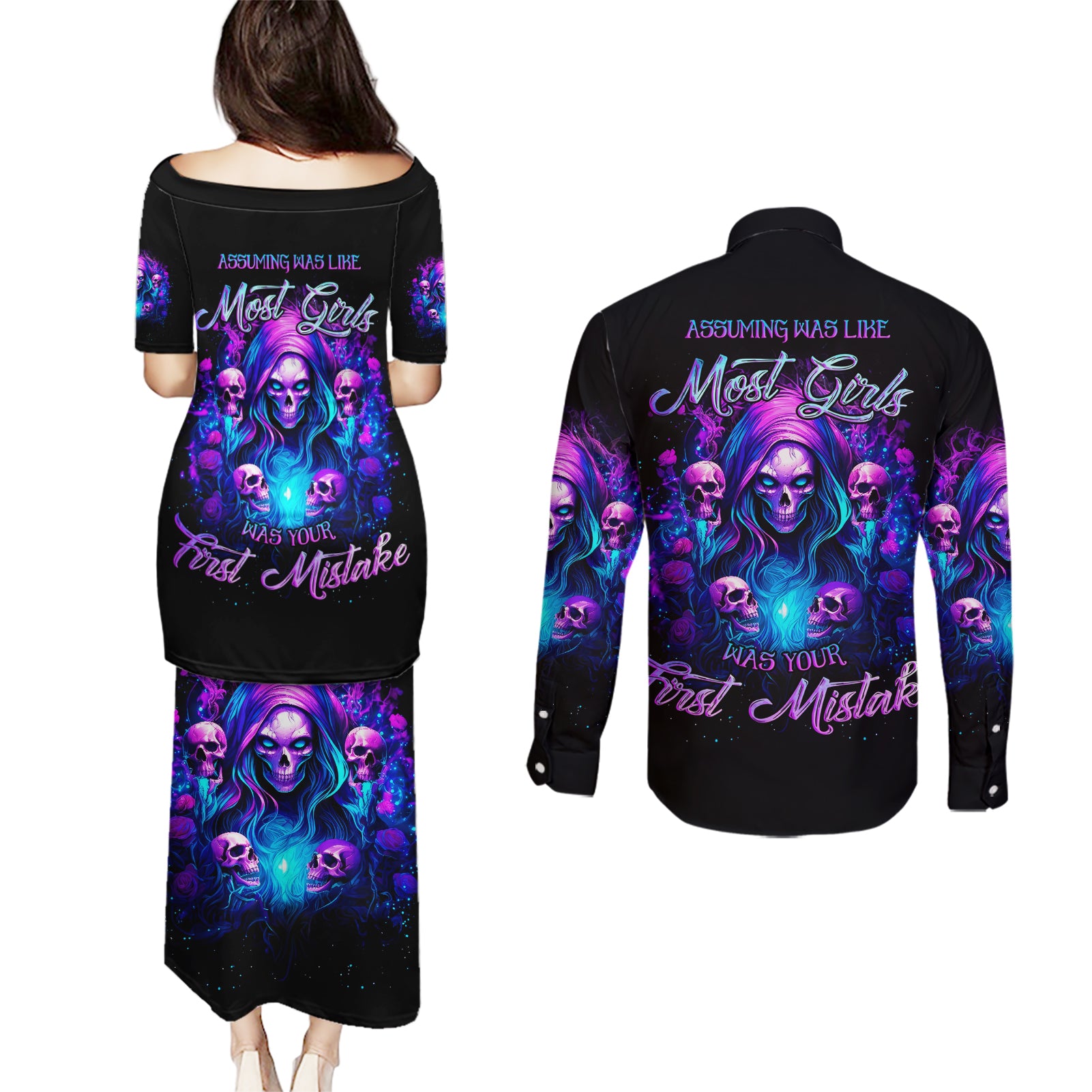 Witch Skull Couples Matching Puletasi and Long Sleeve Button Shirt Assuming Was Like Most Girls Was Your First Mistake - Wonder Print Shop