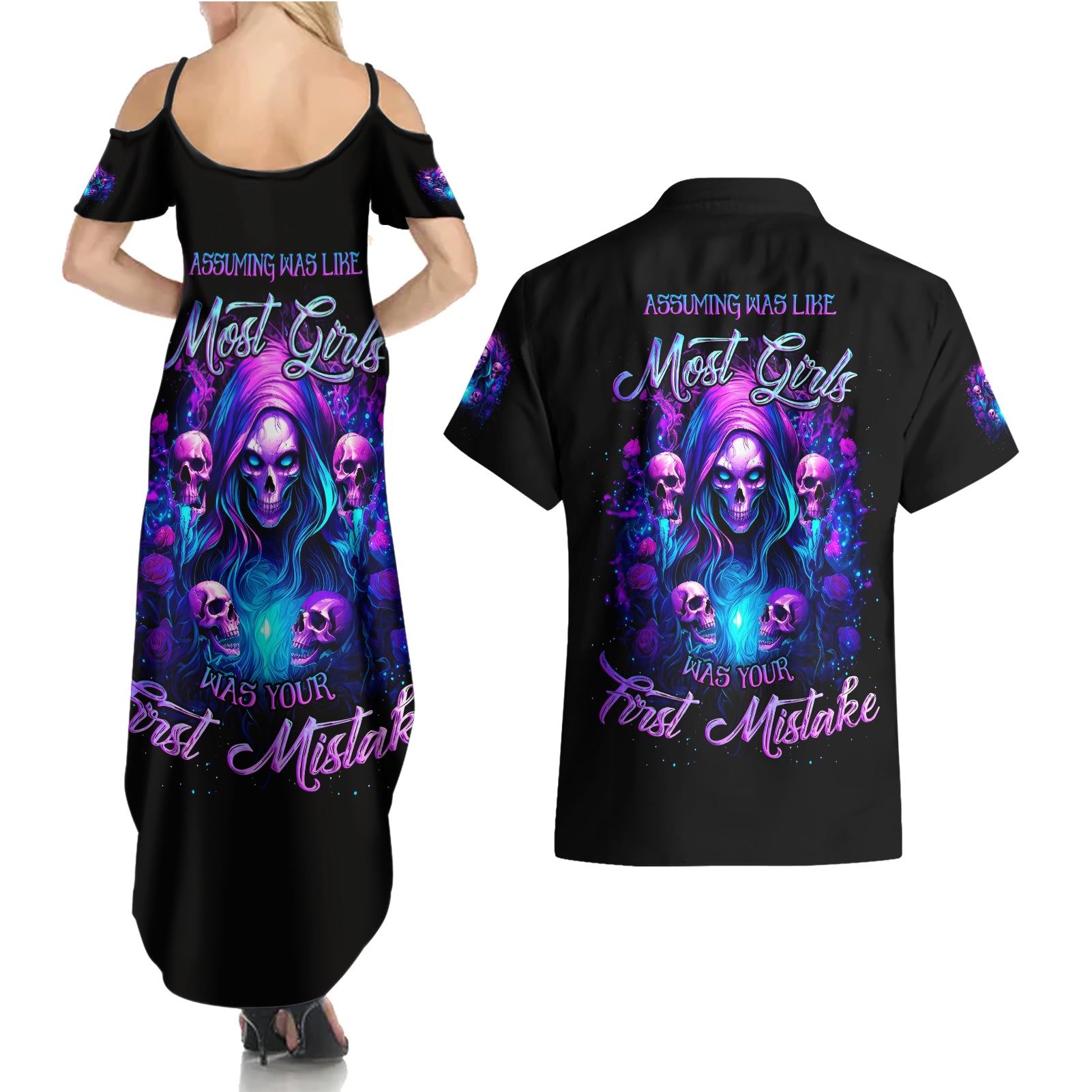 Witch Skull Couples Matching Summer Maxi Dress and Hawaiian Shirt Assuming Was Like Most Girls Was Your First Mistake - Wonder Print Shop