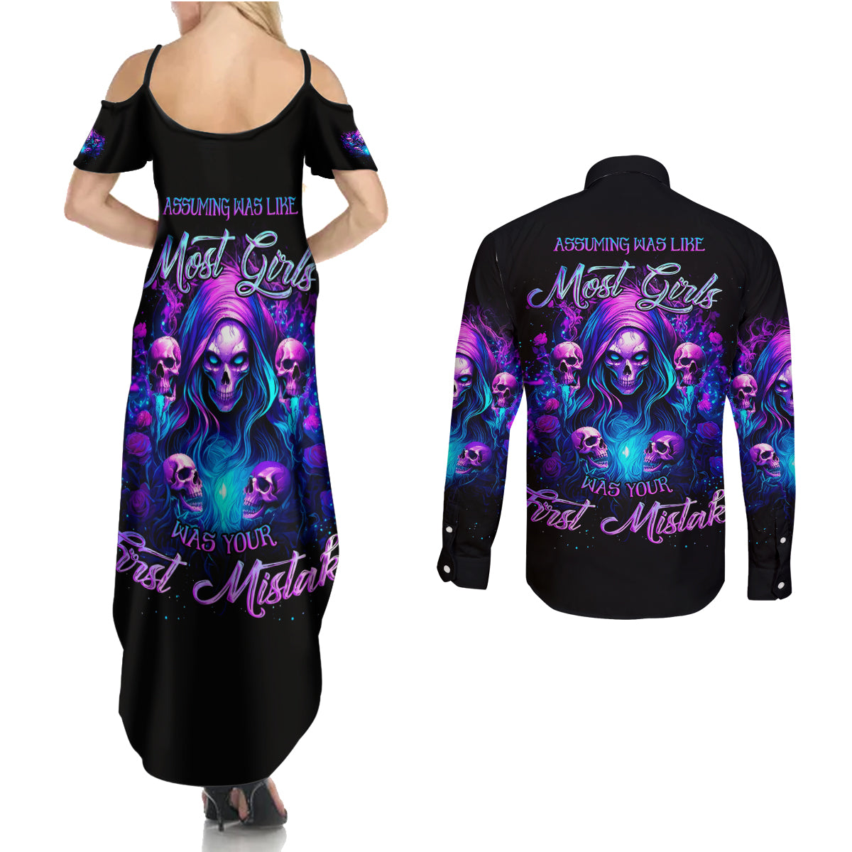 Witch Skull Couples Matching Summer Maxi Dress and Long Sleeve Button Shirt Assuming Was Like Most Girls Was Your First Mistake - Wonder Print Shop