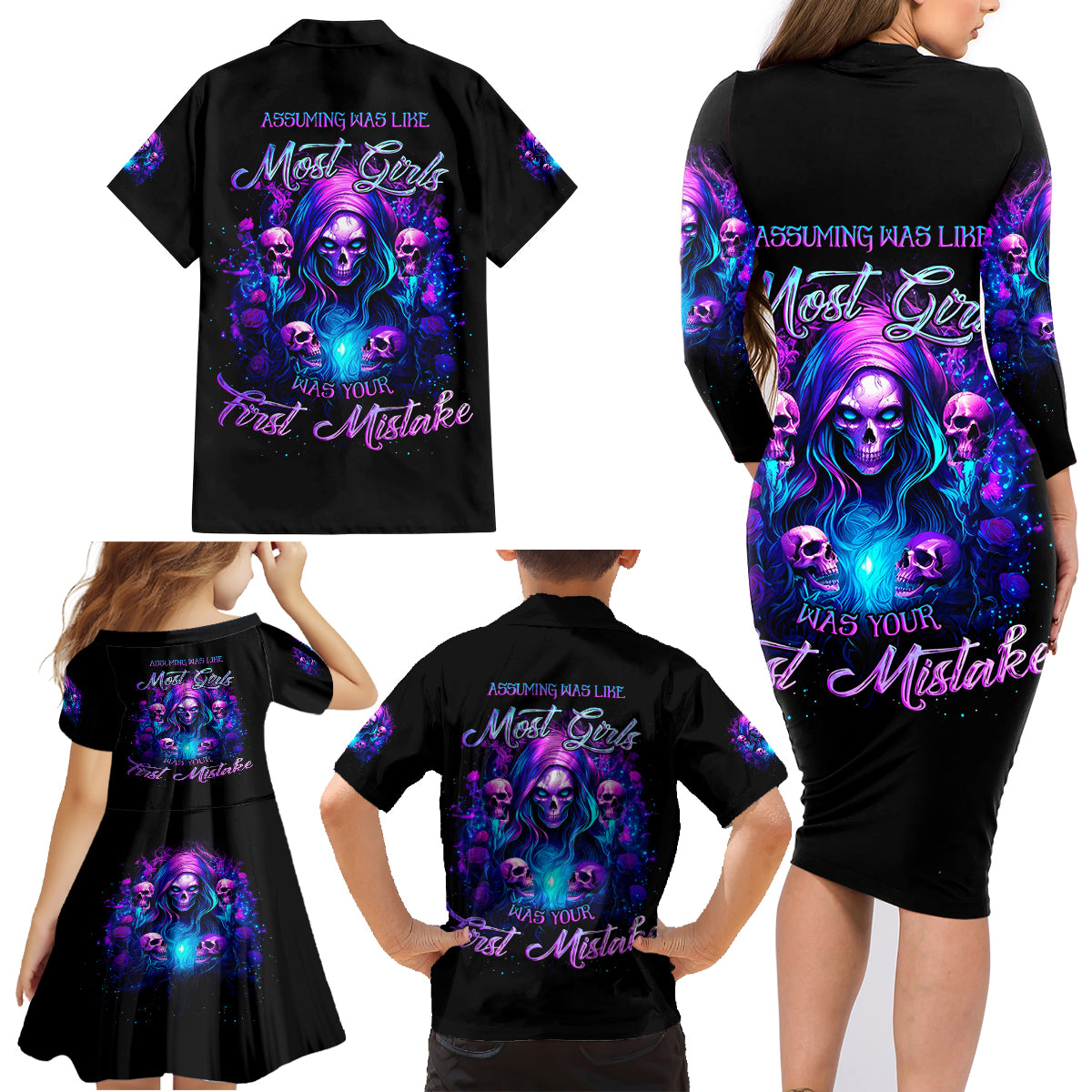 Witch Skull Family Matching Long Sleeve Bodycon Dress and Hawaiian Shirt Assuming Was Like Most Girls Was Your First Mistake - Wonder Print Shop