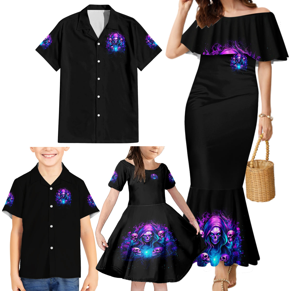 Witch Skull Family Matching Mermaid Dress and Hawaiian Shirt Assuming Was Like Most Girls Was Your First Mistake - Wonder Print Shop