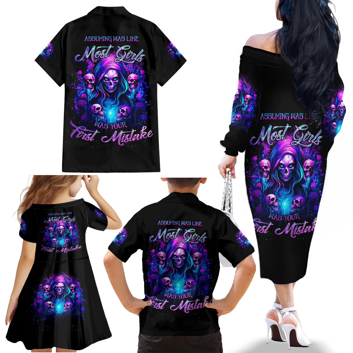 Witch Skull Family Matching Off Shoulder Long Sleeve Dress and Hawaiian Shirt Assuming Was Like Most Girls Was Your First Mistake - Wonder Print Shop