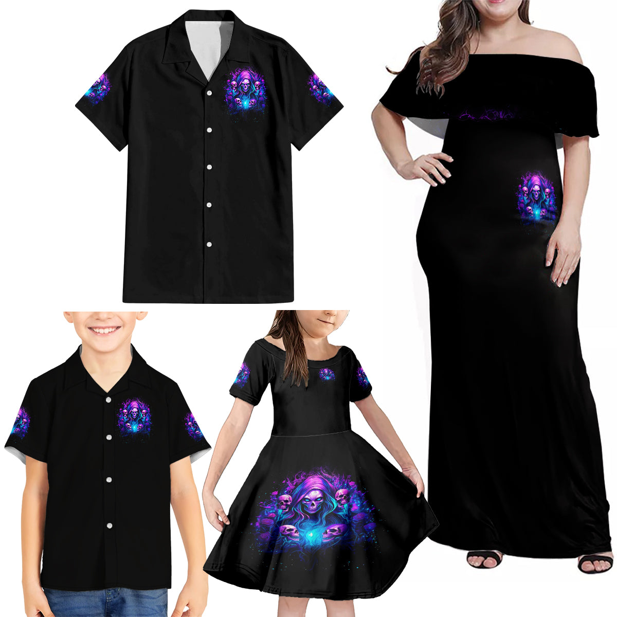 Witch Skull Family Matching Off Shoulder Maxi Dress and Hawaiian Shirt Assuming Was Like Most Girls Was Your First Mistake - Wonder Print Shop
