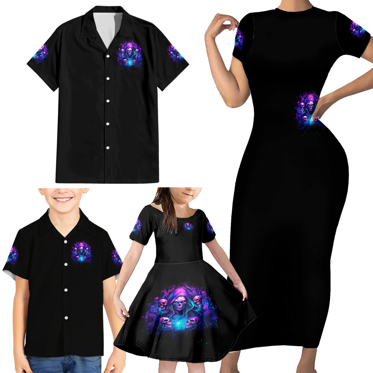 Witch Skull Family Matching Short Sleeve Bodycon Dress and Hawaiian Shirt Assuming Was Like Most Girls Was Your First Mistake - Wonder Print Shop