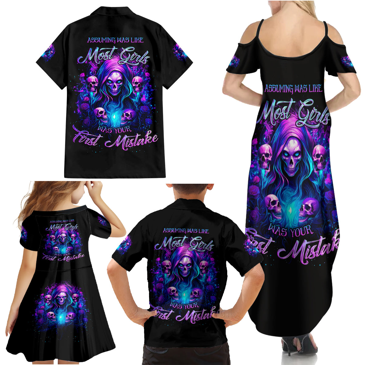 Witch Skull Family Matching Summer Maxi Dress and Hawaiian Shirt Assuming Was Like Most Girls Was Your First Mistake - Wonder Print Shop
