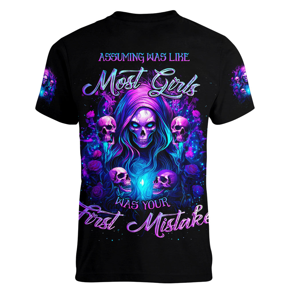 Witch Skull Women V Neck T Shirt Assuming Was Like Most Girls Was Your First Mistake - Wonder Print Shop