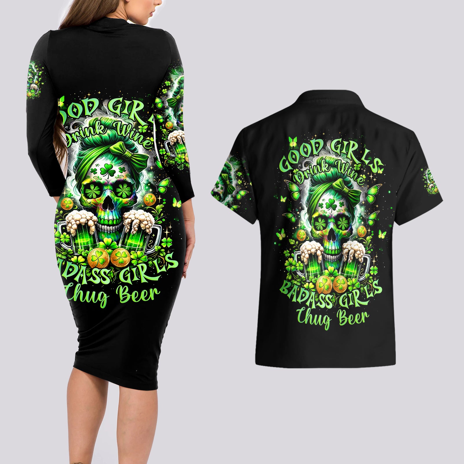 Irish Skull Couples Matching Long Sleeve Bodycon Dress and Hawaiian Shirt Good Girls Drink Wine Badass Girls Thug Beer - Wonder Print Shop