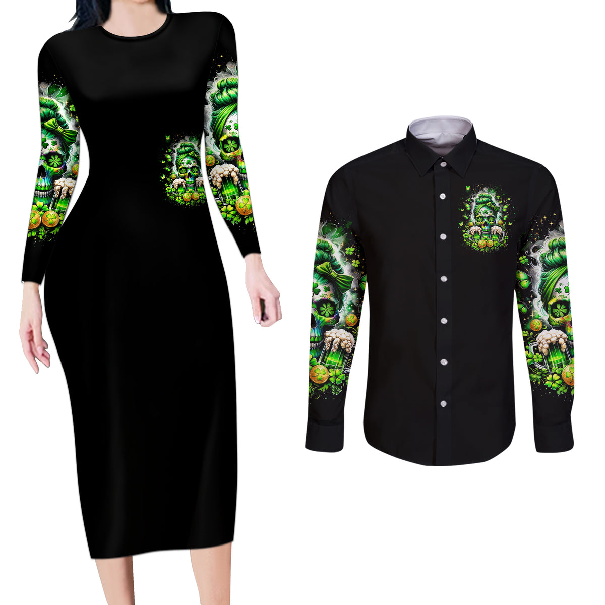 Irish Skull Couples Matching Long Sleeve Bodycon Dress and Long Sleeve Button Shirt Good Girls Drink Wine Badass Girls Thug Beer - Wonder Print Shop