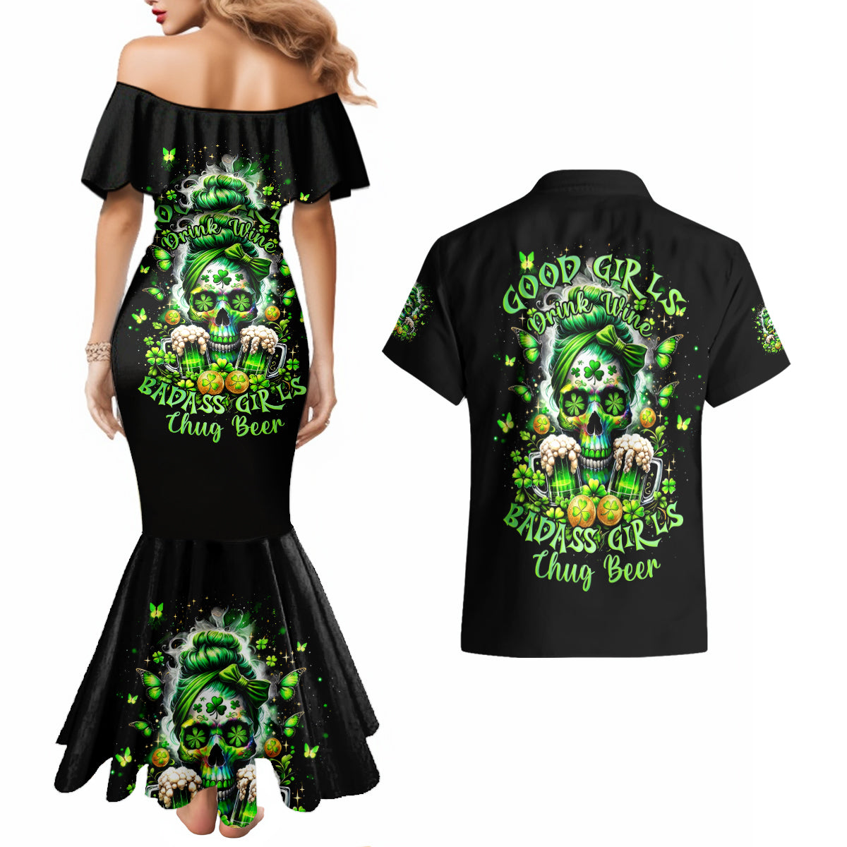 Irish Skull Couples Matching Mermaid Dress and Hawaiian Shirt Good Girls Drink Wine Badass Girls Thug Beer - Wonder Print Shop