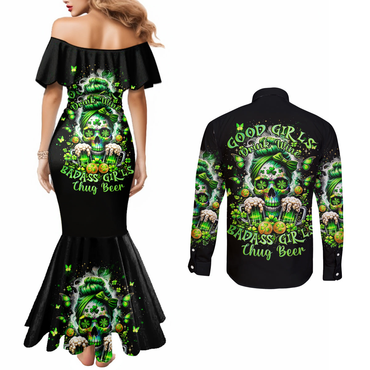 Irish Skull Couples Matching Mermaid Dress and Long Sleeve Button Shirt Good Girls Drink Wine Badass Girls Thug Beer