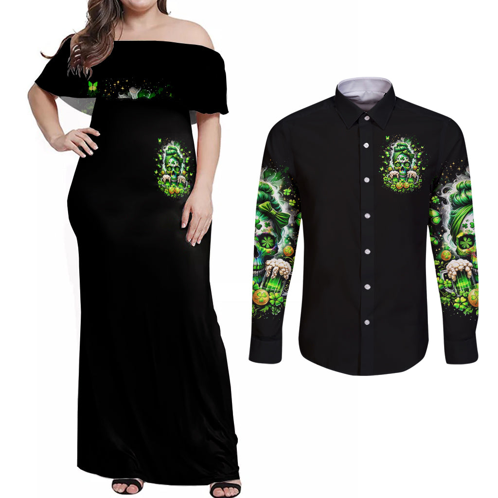 Irish Skull Couples Matching Off Shoulder Maxi Dress and Long Sleeve Button Shirt Good Girls Drink Wine Badass Girls Thug Beer - Wonder Print Shop