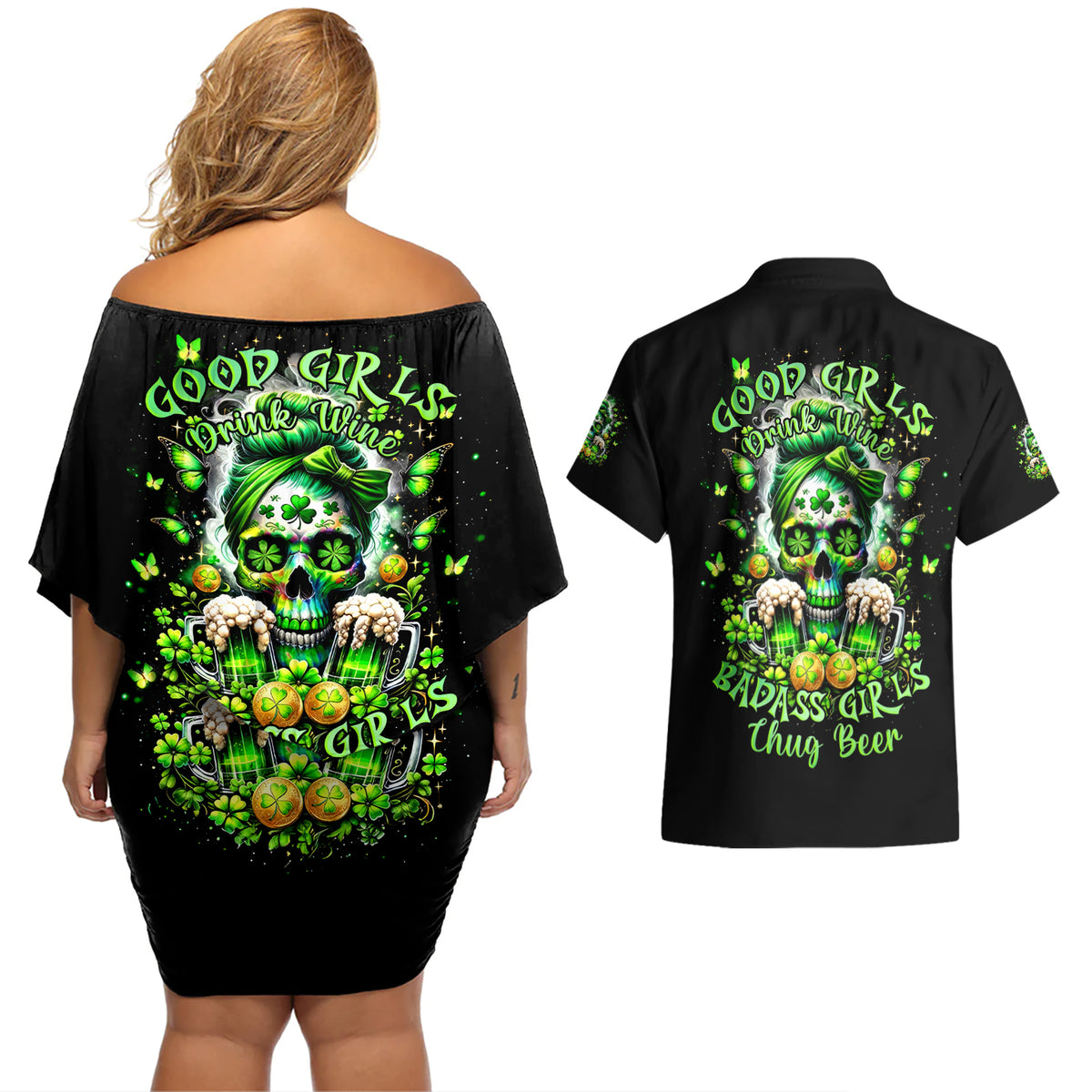 Irish Skull Couples Matching Off Shoulder Short Dress and Hawaiian Shirt Good Girls Drink Wine Badass Girls Thug Beer - Wonder Print Shop
