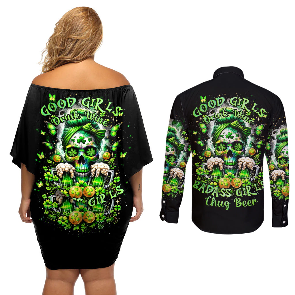 Irish Skull Couples Matching Off Shoulder Short Dress and Long Sleeve Button Shirt Good Girls Drink Wine Badass Girls Thug Beer - Wonder Print Shop