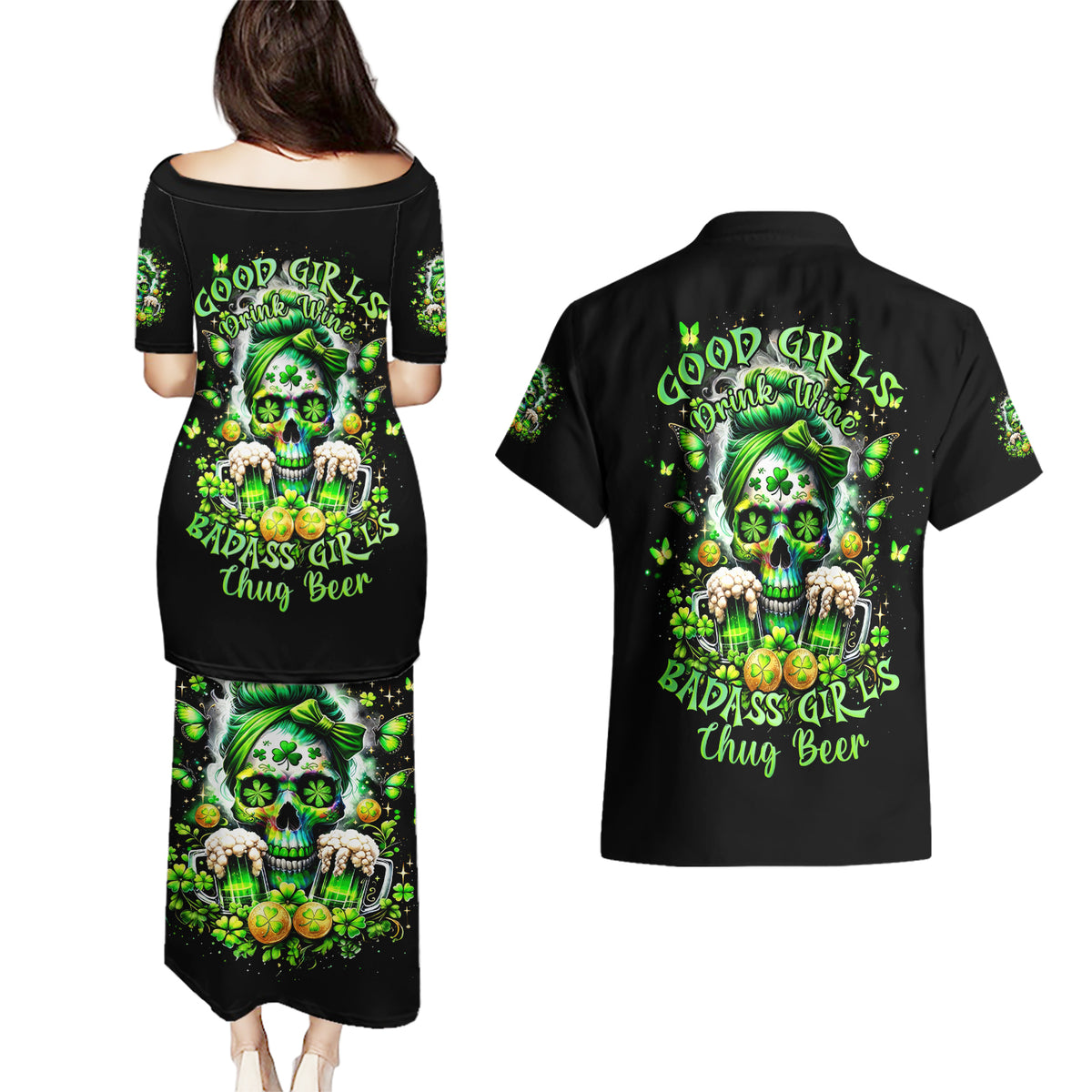 Irish Skull Couples Matching Puletasi and Hawaiian Shirt Good Girls Drink Wine Badass Girls Thug Beer - Wonder Print Shop