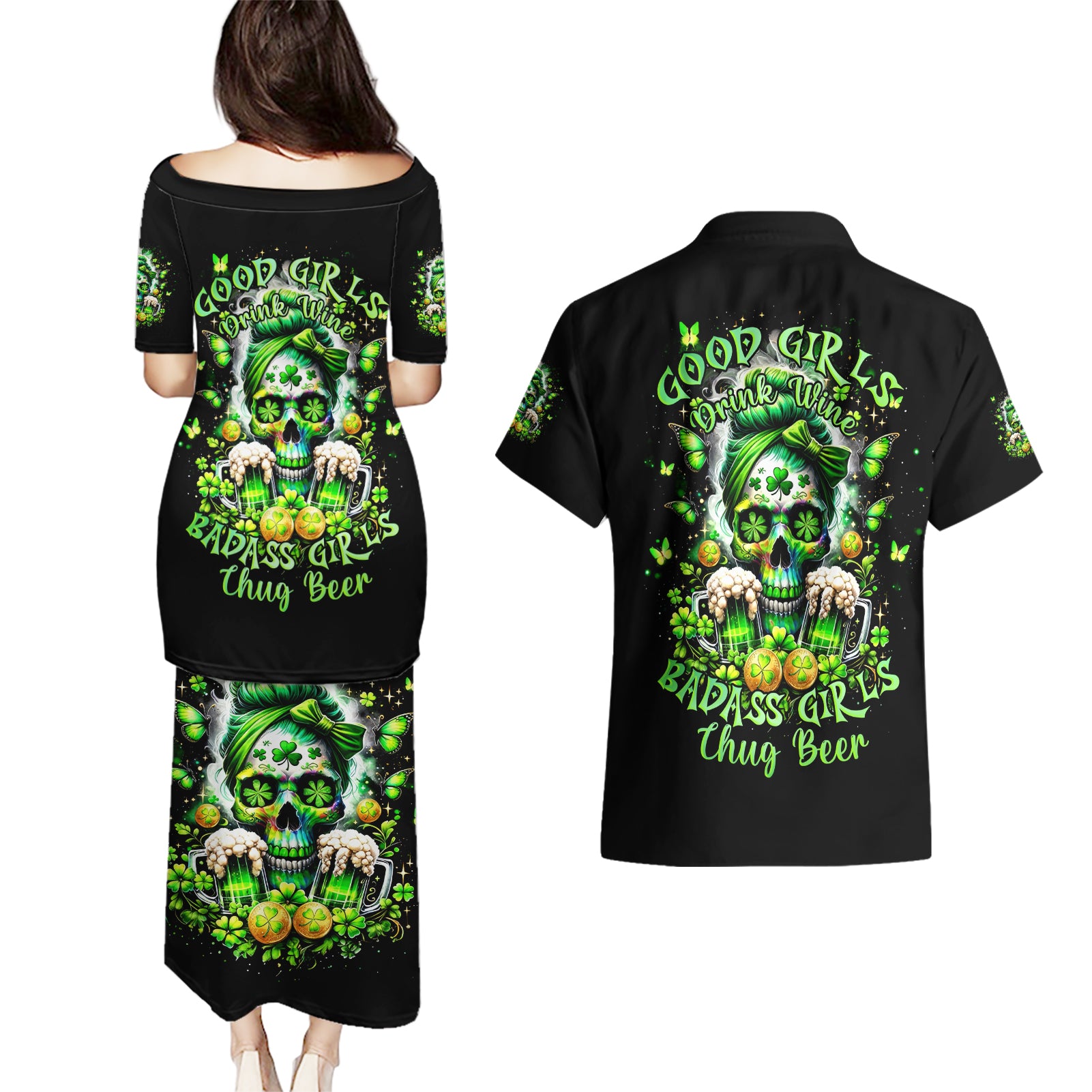 Irish Skull Couples Matching Puletasi and Hawaiian Shirt Good Girls Drink Wine Badass Girls Thug Beer - Wonder Print Shop