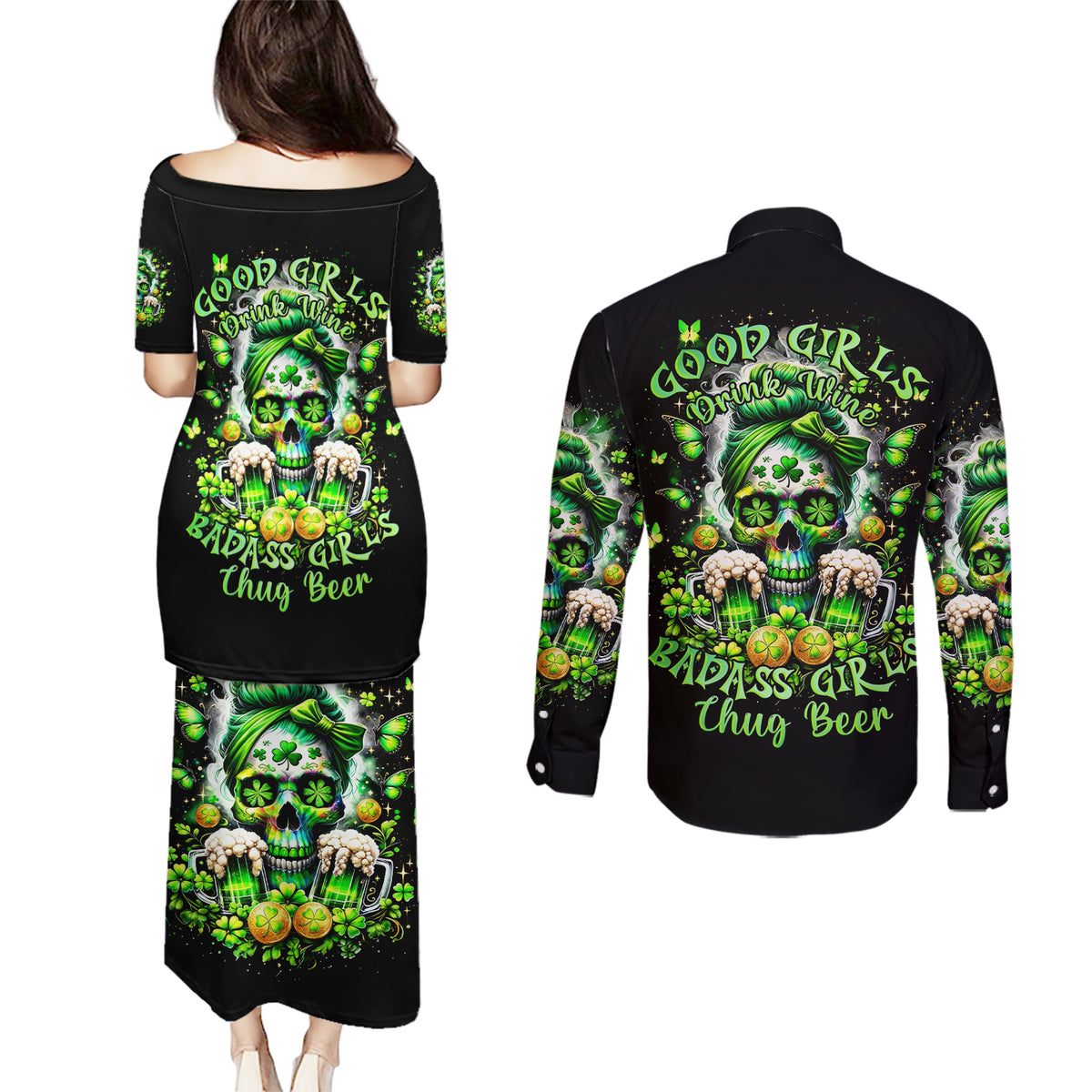 Irish Skull Couples Matching Puletasi and Long Sleeve Button Shirt Good Girls Drink Wine Badass Girls Thug Beer - Wonder Print Shop