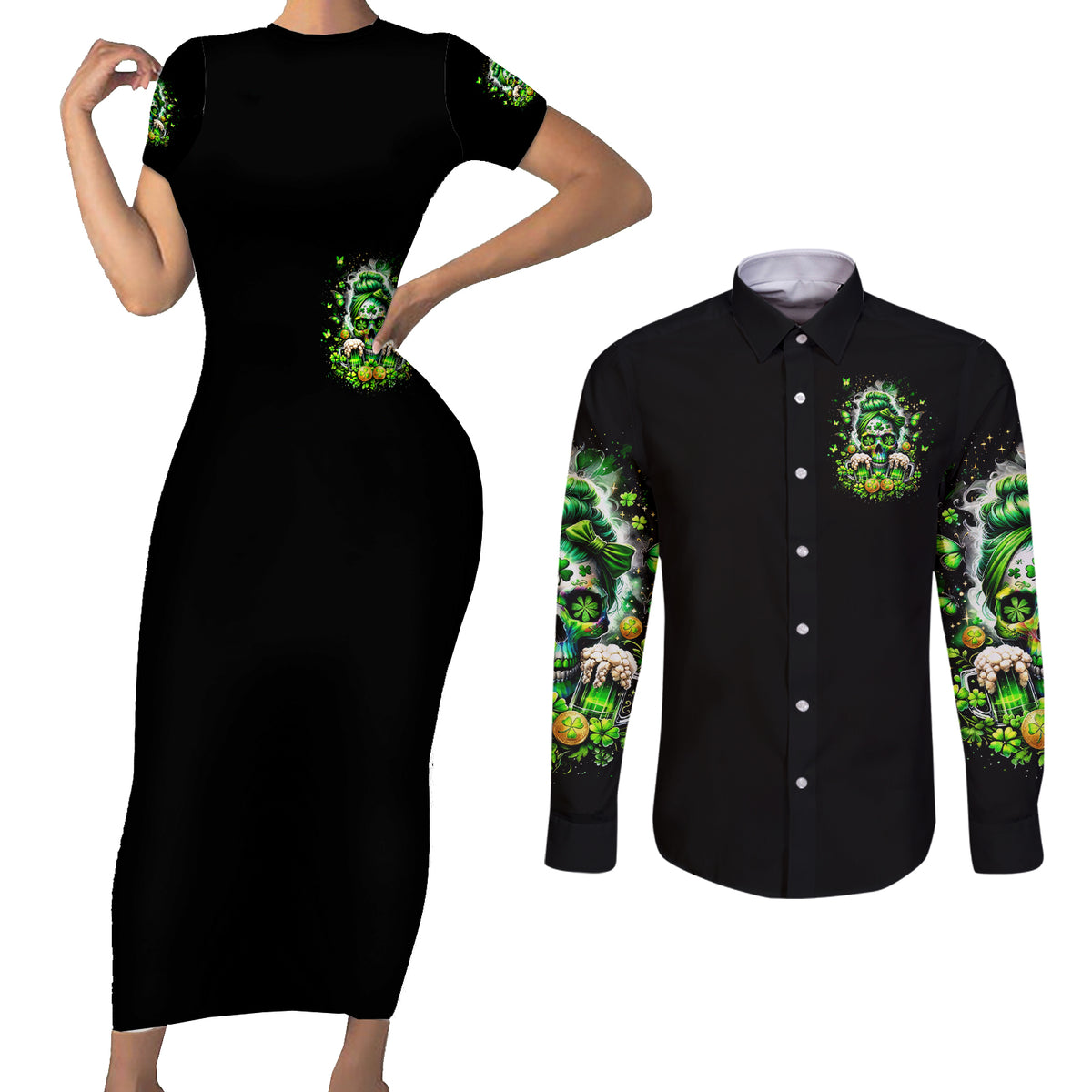 Irish Skull Couples Matching Short Sleeve Bodycon Dress and Long Sleeve Button Shirt Good Girls Drink Wine Badass Girls Thug Beer - Wonder Print Shop