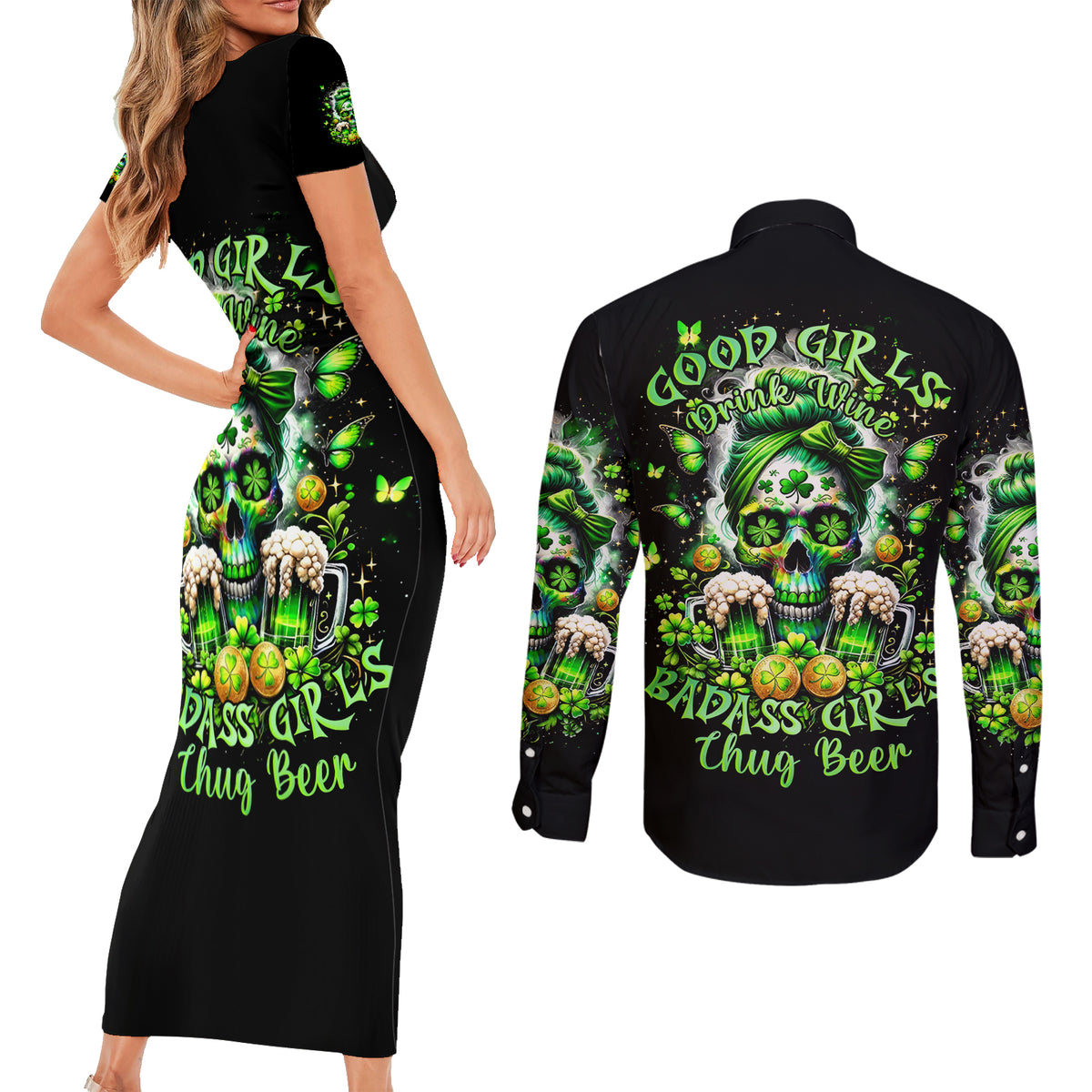 Irish Skull Couples Matching Short Sleeve Bodycon Dress and Long Sleeve Button Shirt Good Girls Drink Wine Badass Girls Thug Beer - Wonder Print Shop