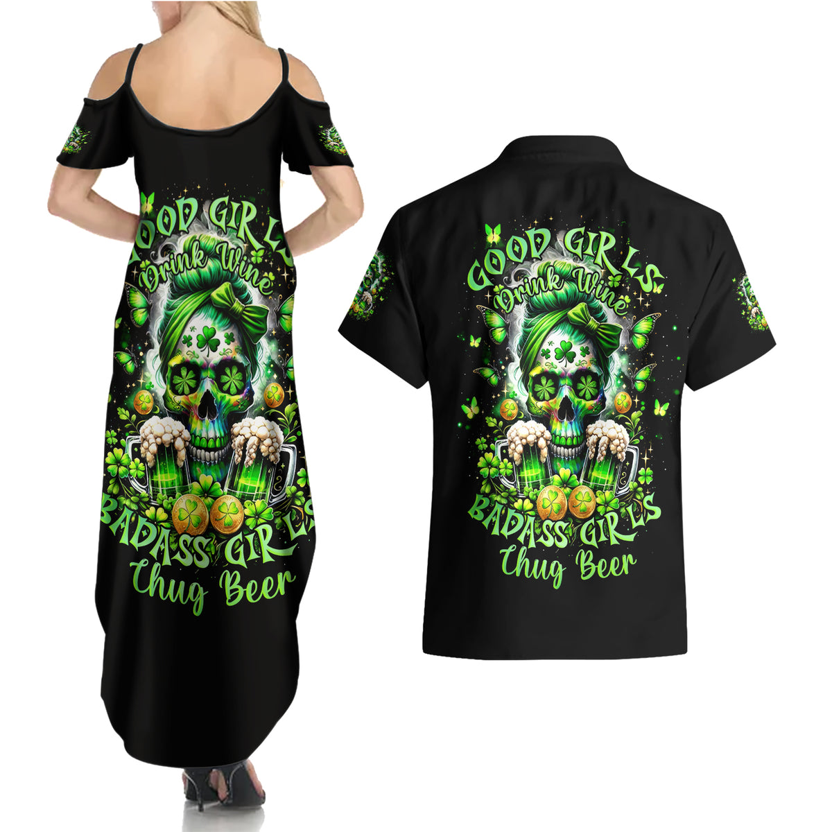 Irish Skull Couples Matching Summer Maxi Dress and Hawaiian Shirt Good Girls Drink Wine Badass Girls Thug Beer - Wonder Print Shop