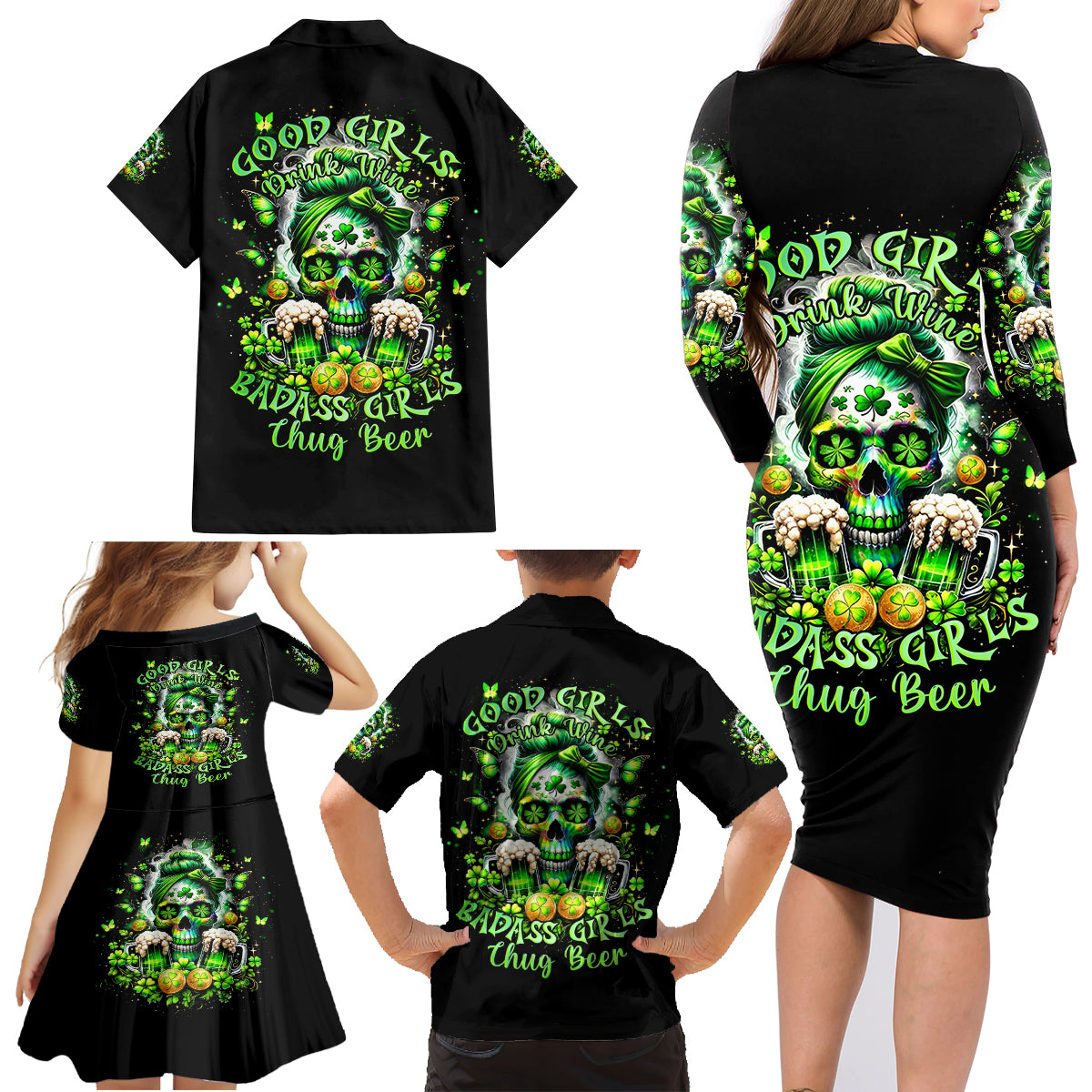 Irish Skull Family Matching Long Sleeve Bodycon Dress and Hawaiian Shirt Good Girls Drink Wine Badass Girls Thug Beer - Wonder Print Shop