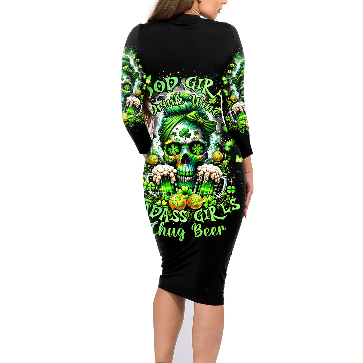 Irish Skull Family Matching Long Sleeve Bodycon Dress and Hawaiian Shirt Good Girls Drink Wine Badass Girls Thug Beer - Wonder Print Shop