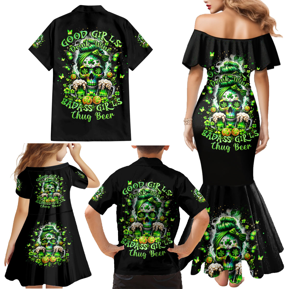 Irish Skull Family Matching Mermaid Dress and Hawaiian Shirt Good Girls Drink Wine Badass Girls Thug Beer - Wonder Print Shop
