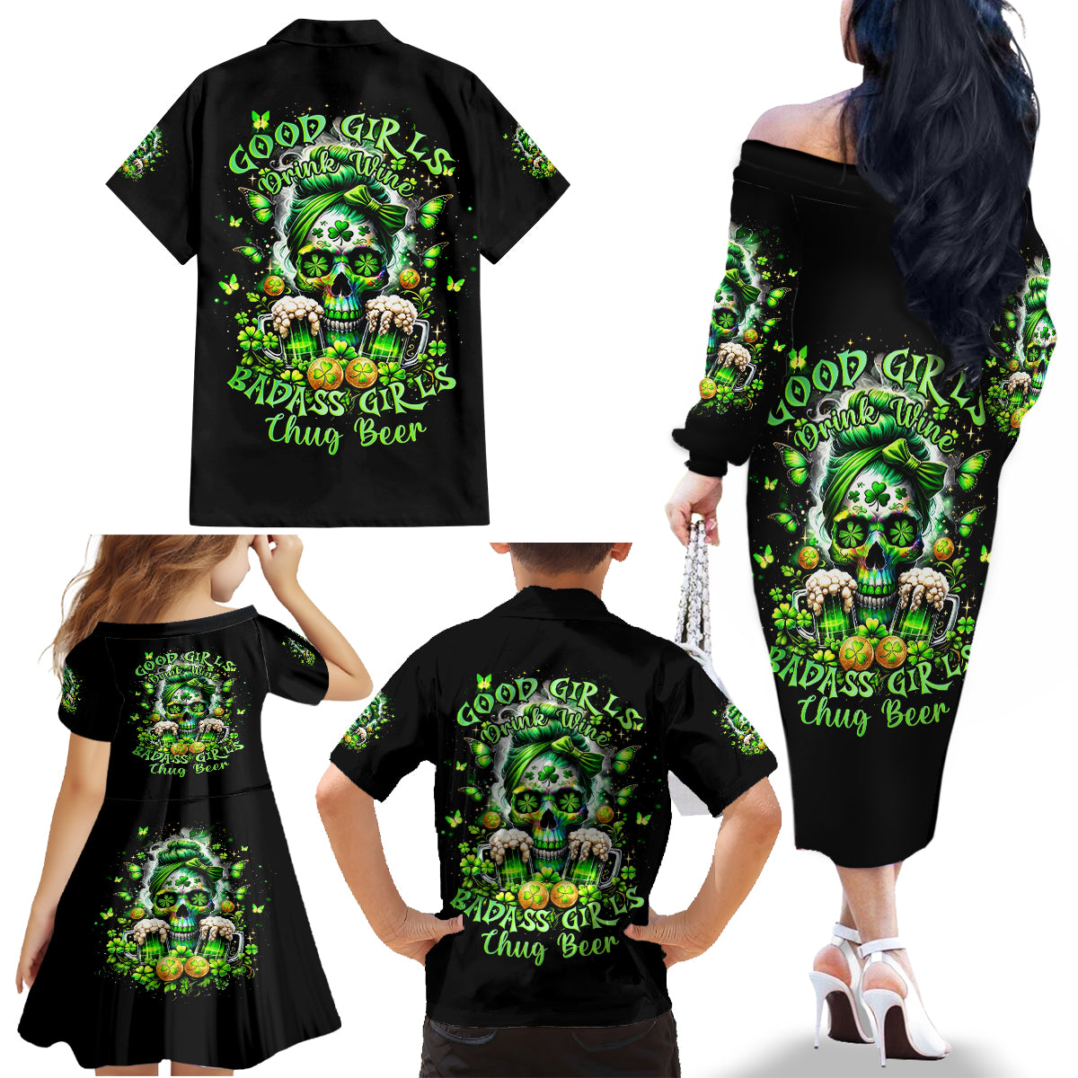 Irish Skull Family Matching Off Shoulder Long Sleeve Dress and Hawaiian Shirt Good Girls Drink Wine Badass Girls Thug Beer - Wonder Print Shop