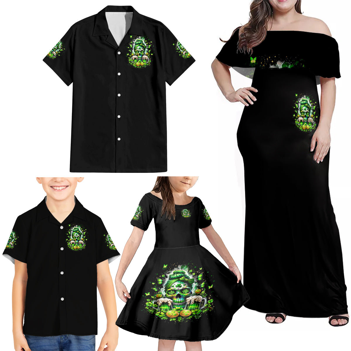 Irish Skull Family Matching Off Shoulder Maxi Dress and Hawaiian Shirt Good Girls Drink Wine Badass Girls Thug Beer - Wonder Print Shop