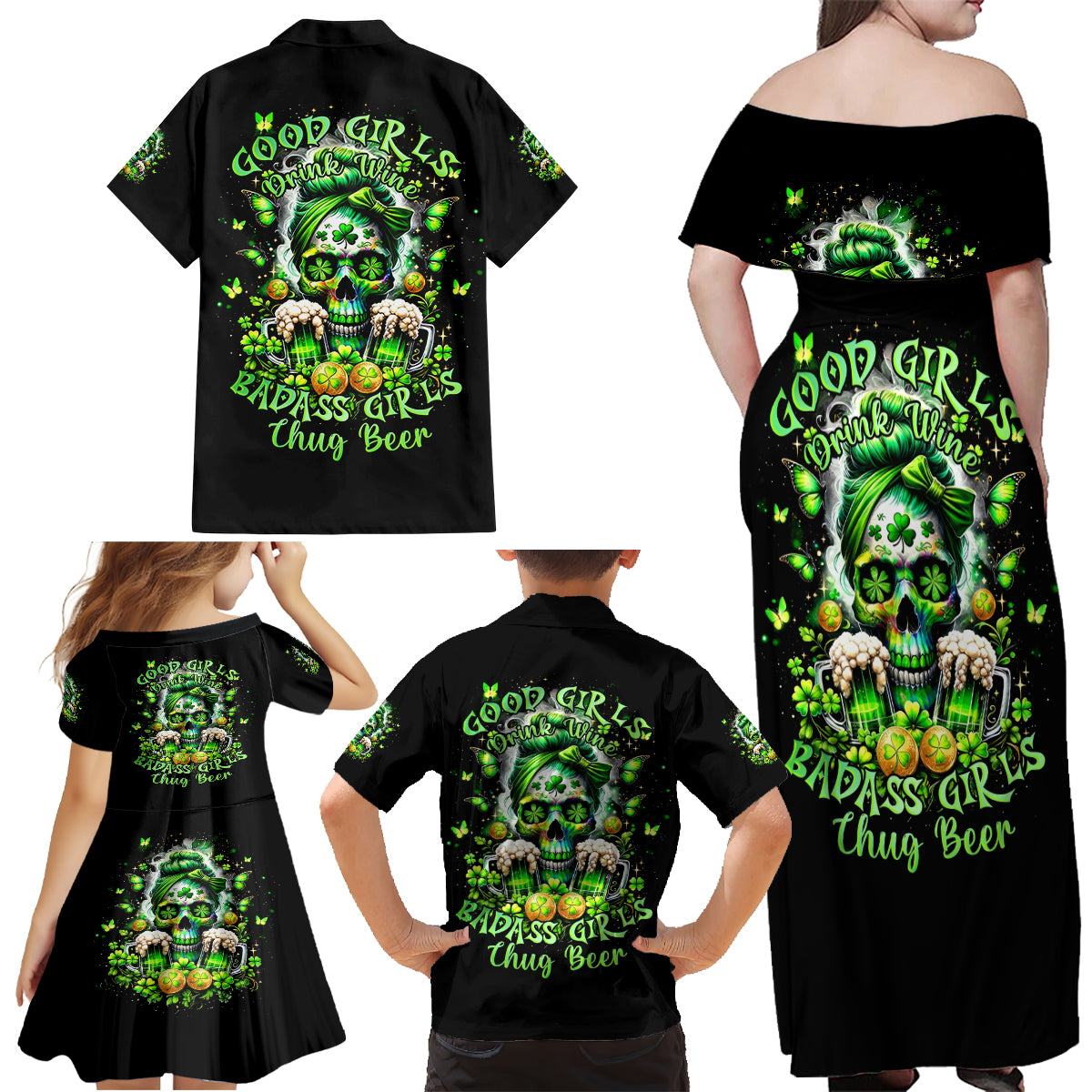 Irish Skull Family Matching Off Shoulder Maxi Dress and Hawaiian Shirt Good Girls Drink Wine Badass Girls Thug Beer - Wonder Print Shop