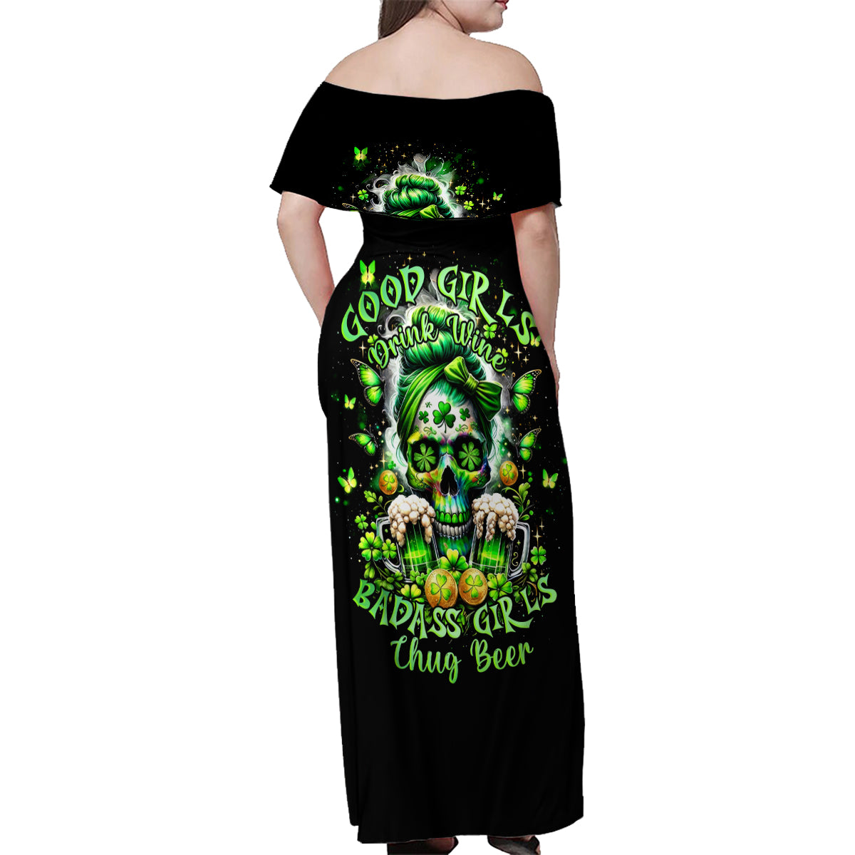 Irish Skull Family Matching Off Shoulder Maxi Dress and Hawaiian Shirt Good Girls Drink Wine Badass Girls Thug Beer - Wonder Print Shop