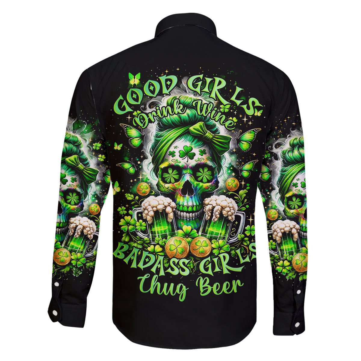 Irish Skull Family Matching Off Shoulder Short Dress and Hawaiian Shirt Good Girls Drink Wine Badass Girls Thug Beer - Wonder Print Shop