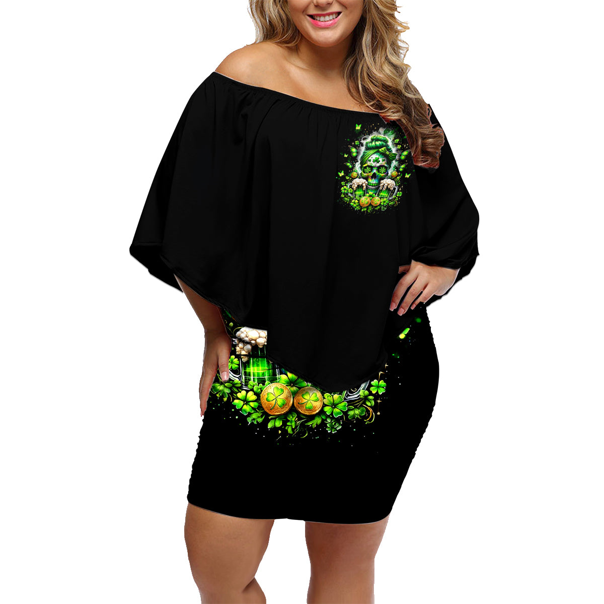 Irish Skull Family Matching Off Shoulder Short Dress and Hawaiian Shirt Good Girls Drink Wine Badass Girls Thug Beer - Wonder Print Shop