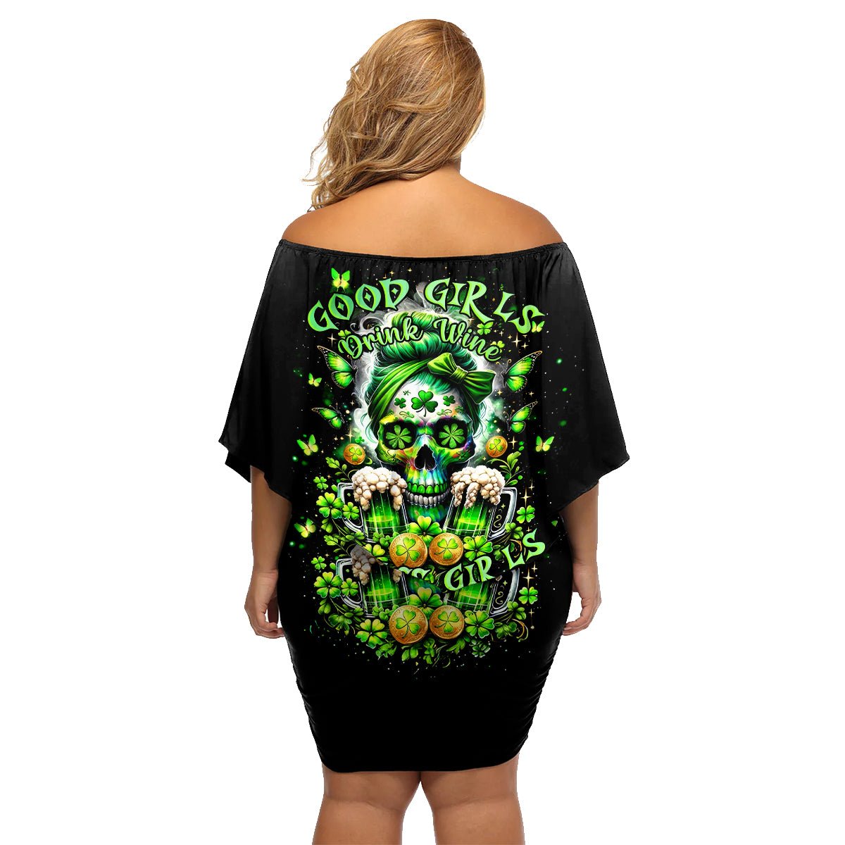 Irish Skull Family Matching Off Shoulder Short Dress and Hawaiian Shirt Good Girls Drink Wine Badass Girls Thug Beer - Wonder Print Shop