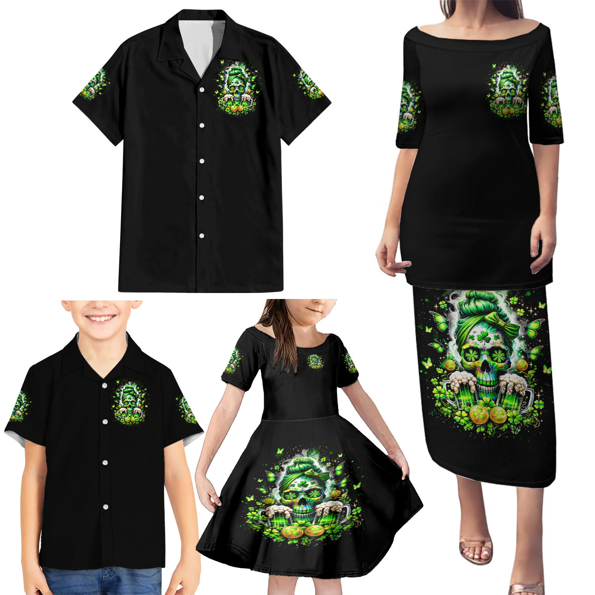 Irish Skull Family Matching Puletasi and Hawaiian Shirt Good Girls Drink Wine Badass Girls Thug Beer - Wonder Print Shop
