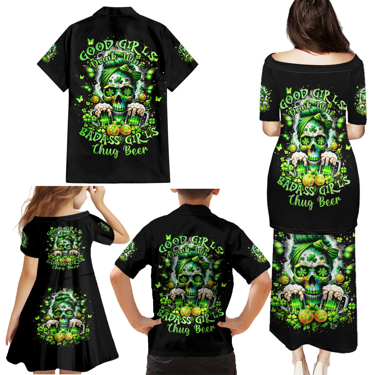 Irish Skull Family Matching Puletasi and Hawaiian Shirt Good Girls Drink Wine Badass Girls Thug Beer - Wonder Print Shop