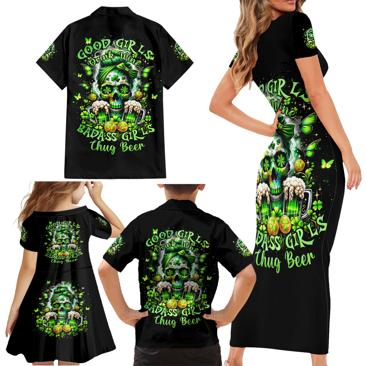 Irish Skull Family Matching Short Sleeve Bodycon Dress and Hawaiian Shirt Good Girls Drink Wine Badass Girls Thug Beer - Wonder Print Shop