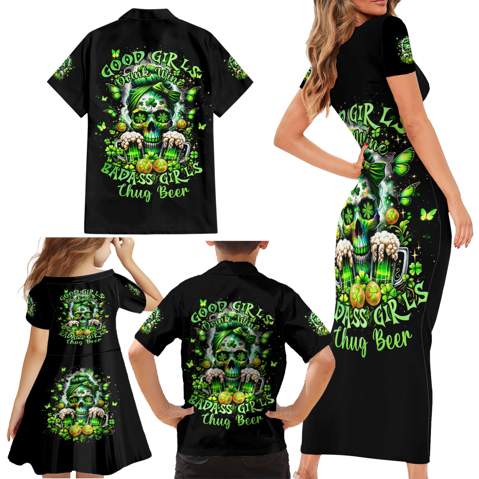 Irish Skull Family Matching Short Sleeve Bodycon Dress and Hawaiian Shirt Good Girls Drink Wine Badass Girls Thug Beer - Wonder Print Shop