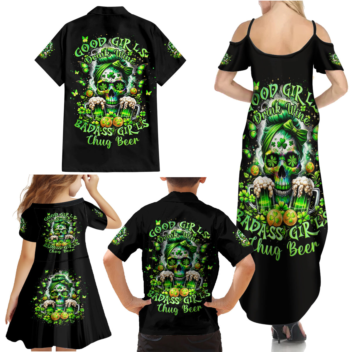 Irish Skull Family Matching Summer Maxi Dress and Hawaiian Shirt Good Girls Drink Wine Badass Girls Thug Beer - Wonder Print Shop