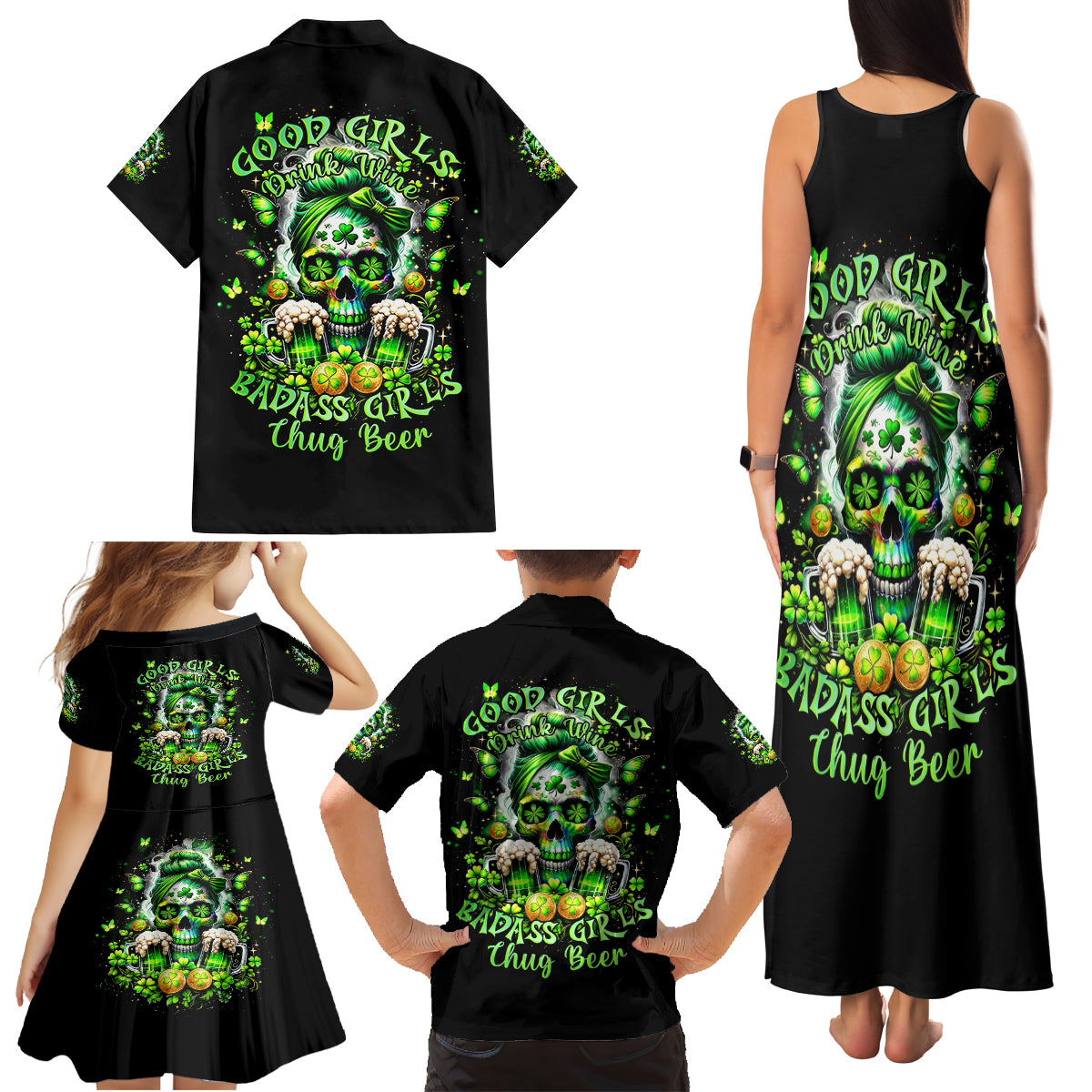 Irish Skull Family Matching Tank Maxi Dress and Hawaiian Shirt Good Girls Drink Wine Badass Girls Thug Beer - Wonder Print Shop