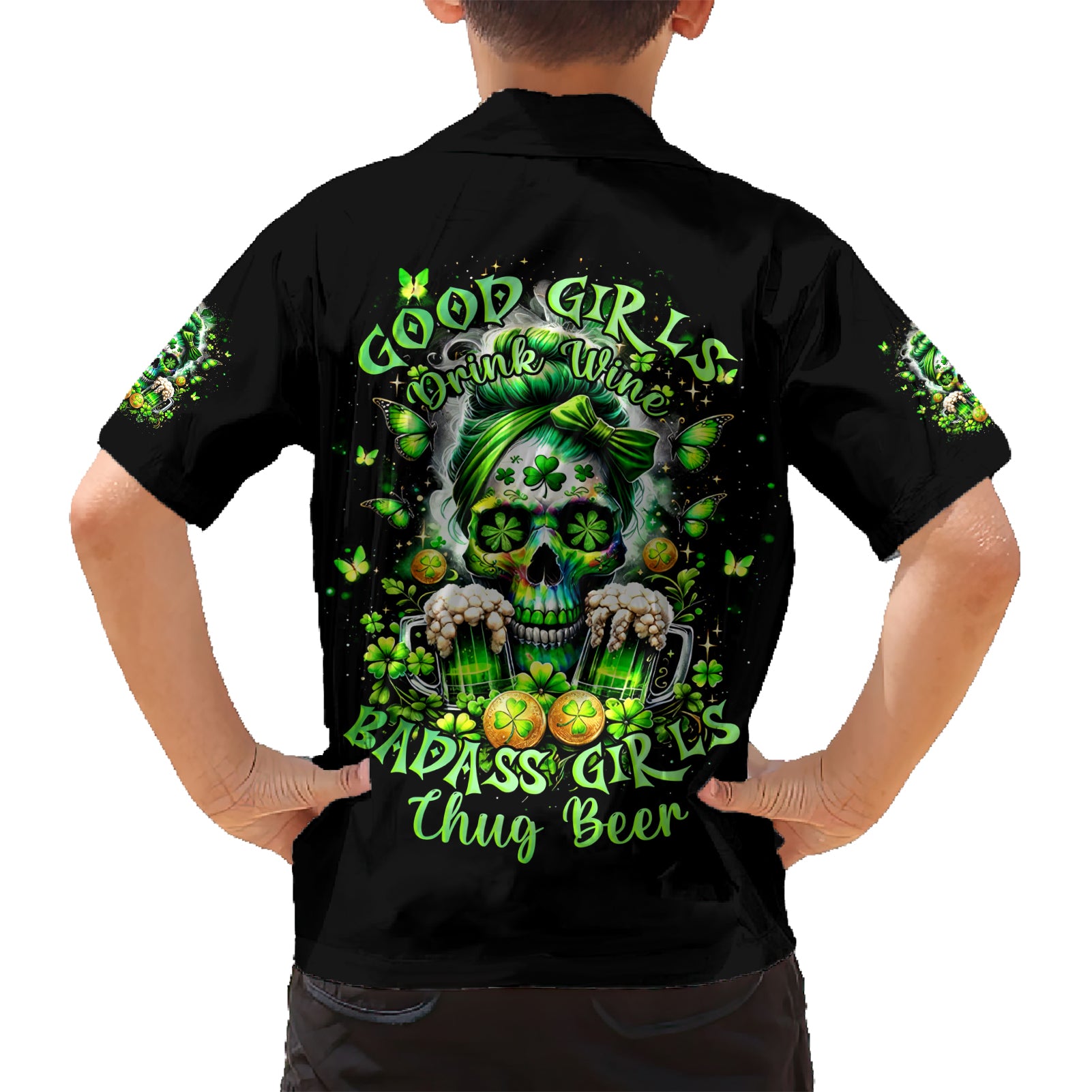 Irish Skull Kid Hawaiian Shirt Good Girls Drink Wine Badass Girls Thug Beer - Wonder Print Shop