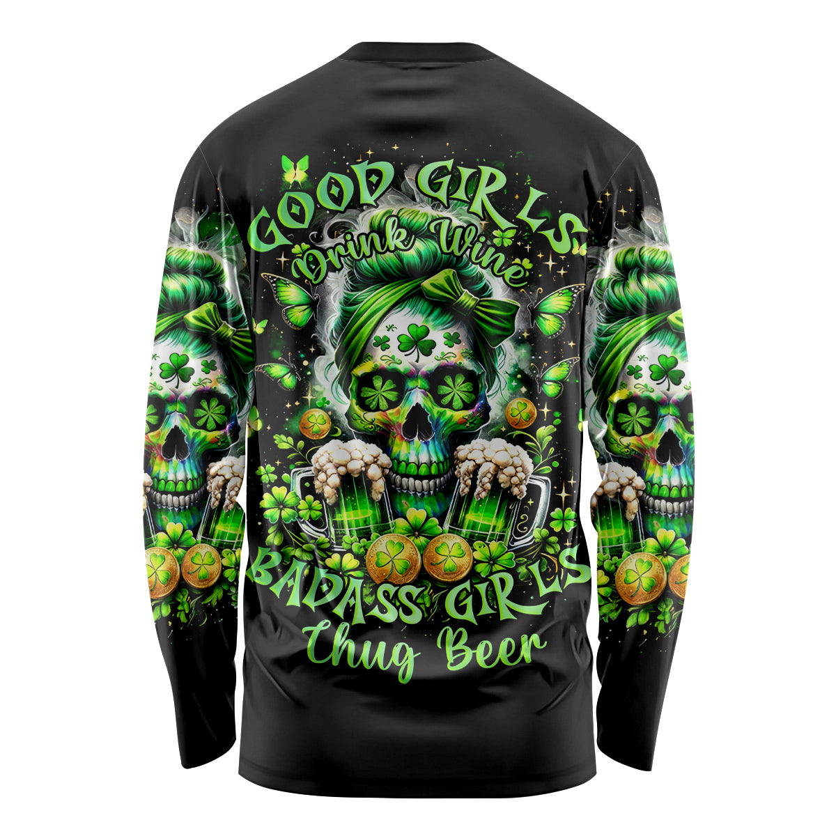 Irish Skull Long Sleeve Shirt Good Girls Drink Wine Badass Girls Thug Beer - Wonder Print Shop